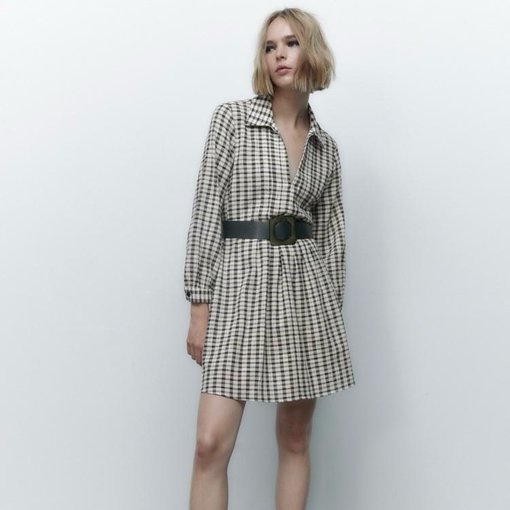 Zara Johnny Collared Black White Checked Pleated Shirt Dress Darted Waist Large